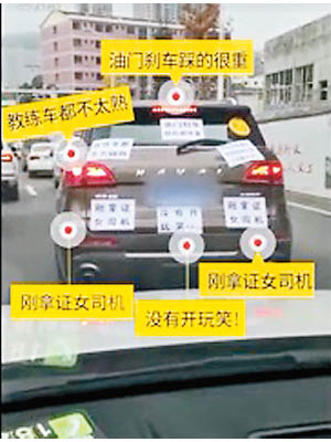 車尾貼有多張「剛拿證女司機」的警告標語。