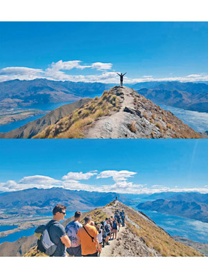 登山客豪氣地高舉雙手立於峰頂，下圖則揭示了背後的極長人龍。（互聯網圖片）