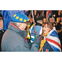 支持脫歐及反脫歐雙方示威者在國會外爭論。