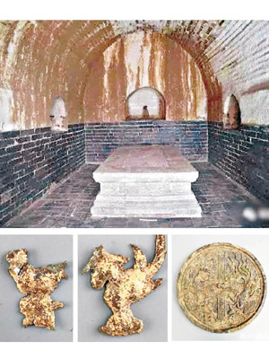 圖為懷慶公主墓後室，並起出金飾及銅鐘（下圖）。（互聯網圖片）