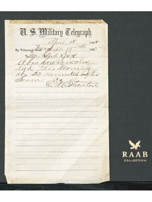 寫有林肯死訊的電報手稿將首次拍賣。（美聯社圖片）