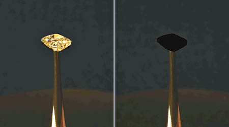 研究人員在一顆黃鑽（左）覆上該種塗層試驗其吸光度。
