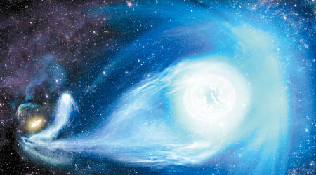恒星被超大質量黑洞「踢走」的示意圖。