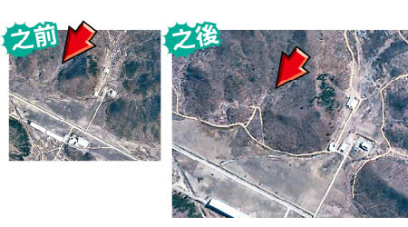 上圖：月初未見有關道路。右圖：最新圖像顯示，發射場建了新道路。