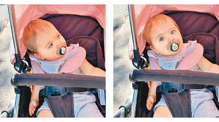 女嬰初時沒反應（左），聽到Alexa旋即抬頭（右）望向媽媽。