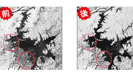 衞星顯示鄱陽湖水位面積在數日內增大。