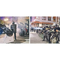 左及右圖：反警暴示威成為選民關心議題，圖為警員在波特蘭與示威者對峙。
