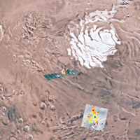團隊之前在火星南極冰層（白色）發現液態水。圖為構想圖。