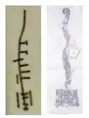 李維明指陶片痕迹（左）與古代文字符號（右）相似。
