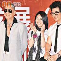 黃秋生（左起）、楊千嬅及任賢齊在上海碰頭。
