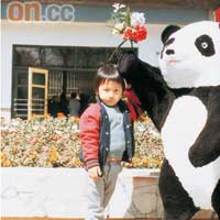 小方扮Cool樣與熊貓公仔合照。