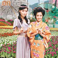 陳爽（左）及陳自瑤以較密實的打扮亮相花卉活動。