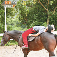 Elanne經嚴格訓練後，已可鬆開韁繩騎馬及瞓在馬背上，但小朋友切勿模仿。