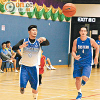 吳浩康（左）在籃球賽落力應戰。