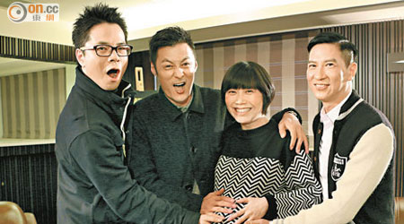 東網《娛樂onShow》主持人陳振安（左起）、余文樂、俞詠文及張家輝大談拍劇趣聞。