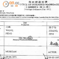 章子怡、汪峰在港申請結婚的擬結婚通知書。