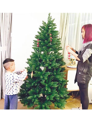 千嬅與仔仔在家一起布置聖誕樹，相當溫馨！