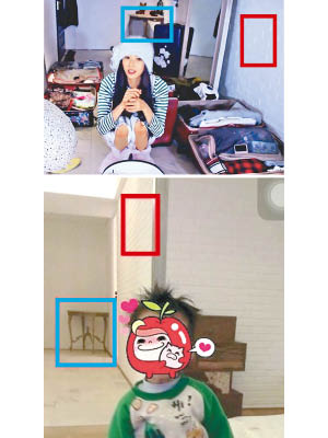 林志玲拍真人騷家居照曝光（上圖），被網友發現跟言承旭外甥的家居照相似（下圖），特別是小桌子（藍框示）及牆壁（紅框示）！