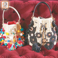 拉菲草綴彩色pom pom Claudia手袋 $31,900（左）、拉菲草綴黑色花卉裝飾Claudia手袋 $49,000（右）