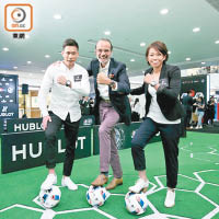 葉鴻輝（左起）、Benoit Toulin及陳婉婷即場展示球技。