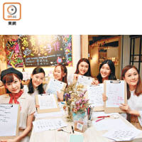 Aka（左起）、余潔滢、尹倩君、鄧穎堯、余香凝及陳詩欣練習英文書法。