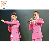 2月17日<br>林利聯同胡渭康（左），在黎小田演唱會上又唱又跳。