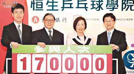 薛太（右二）表示，歷來參與過恒生乒乓球學院活動嘅人數，已達十七萬人次。