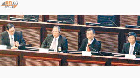 金管局總裁陳德霖（左一）表示，樓市過熱是本港金融穩定的最大風險，在必要時會推出第六輪逆周期措施。（陳德賢攝）