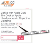 Apple CEO庫克為慈善不惜「出賣」自己，依家叫價比原先估計嘅5萬美元飆升好幾倍。