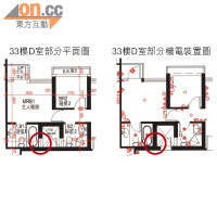 平面圖所示的主人套房浴室標示設有窗戶（左圖紅圈），但機電裝置圖所示的主人套房浴室並無標示設有窗戶（右圖紅圈）。