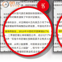 低調修訂<br>內地官方網站昨午報道，樓繼偉估今年「中國經濟增長7%」，但至昨晚則突然將文中7%改為7.5%。