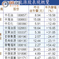 部分能源股表現概覽