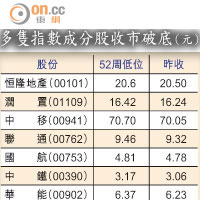 多隻指數成分股收市破底（元）