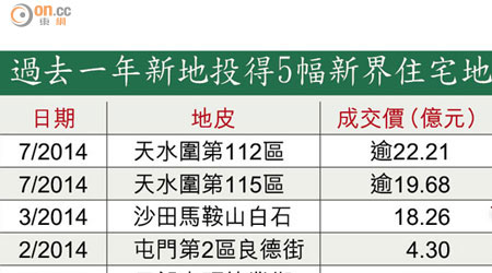 過去一年新地投得5幅新界住宅地