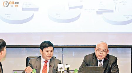 國泰君安閻峰（左）表示，深港通可吸引更多內地投資者投資本港中小型股票。右為首席財務總監黃天禮。（梁耀榮攝）