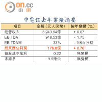 中電信去年業績摘要