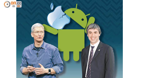玩贏蘋果<BR>Google母企Alphabet市值六年來首超越Apple，更摘下全球市值最大企業榮銜。圖左為Apple行政總裁庫克、右為Google創辦人佩奇。