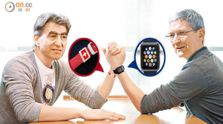 拗手瓜 <br>Swatch行政總裁 海耶克、Apple行政總裁 庫克 <br>面對Apple Watch搶佔市場，瑞士錶商紛紛推出智能手錶反攻。（設計圖片）
