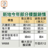 新地今年部分樓盤銷情