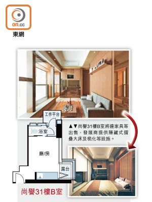 尚譽31樓B室將連家具等出售，發展商提供隱藏式摺疊大床及梳化等設施。