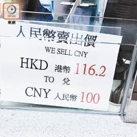 昨日有找換店人民幣賣出價見每百人民幣兌116.2港元。