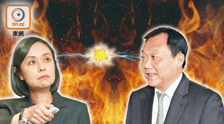 滙豐銀行香港區行政總裁施穎茵（左）同中銀香港總裁岳毅（右）「面左左」？現實當然唔會係咁，只係絲絲幻想吓啫。（設計圖片）