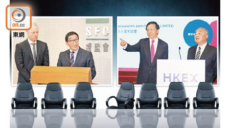 香港金融體系高層醞釀大換班。左圖為證監會主席唐家成（右），行政總裁歐達禮（左）。右圖為港交所主席周松崗（右），行政總裁李小加（左）。
