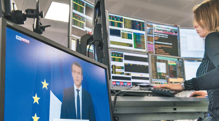 游資撐<br>馬克龍當選法國總統後，歐洲政局轉穩，熱錢過去一周大舉湧入歐股。