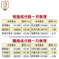 恒指成分股一月表現、國指成分股一月表現