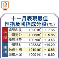 十一月表現最佳恒指及國指成分股（%）