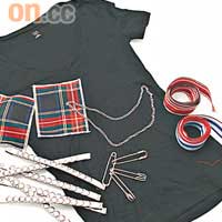 搖滾黑Tee材料：黑色短袖Tee、扣針、格仔布、窩釘皮帶、鐵鏈及彩間絲帶。