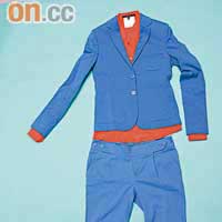 Gucci彩藍色西裝褸、彩藍色長西褲、橙色恤衫（全部未定價，All from e）