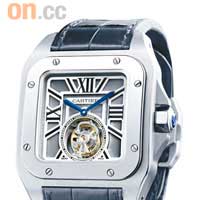 Santos 100 Tourbillon Volant白金飛行陀飛輪腕錶46.5毫米×54.9毫米大尺碼錶面是Santos 100 Tourbillon Volant的特徵，多面形錶冠飾有一枚刻面藍寶石，水晶鏡面以及水晶錶底蓋凸顯尊貴，防水深度達30米，適合喜愛戶外活動的錶迷。