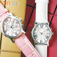 （左）粉紅色珍珠貝母錶面配以紅色緞面錶帶 $5,600（右）白色珍珠貝母錶面配以香檳色緞面錶帶 $5,600